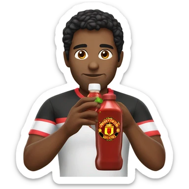 Man with Manchester United jersey brown skinned toned black hair drinking a bottle of ketchup sticker