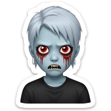 Create a 3D emoji-style avatar with very pale blue-grey zombie skin like the reference image, a young Asian face, and large eyes with blood tears. Give it white mullet hair style , silver hoop earrings, and a plain black T-shirt. The face expression should be slightly angry, with vampire fang  sticker