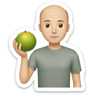 white balding crown man in gray t-shirt holding a pomelo sticker