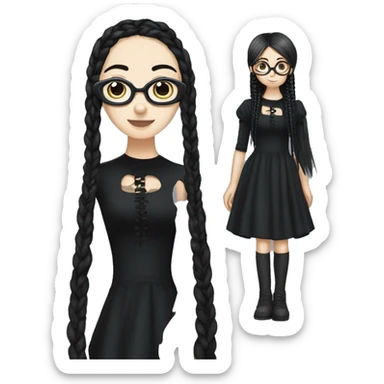 An emoji of a girl with long black braids, round glasses, and a gothic dress, standing next to her mother dressed in the same gothic style sticker