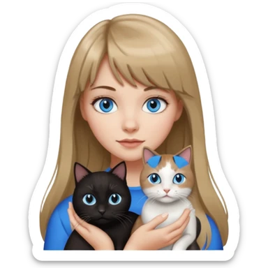Apple-style emoji sticker of a young woman with long dark blond hair and bang, blue eyes , holding a black and white cat sticker