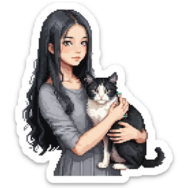 Beautiful girl with long black hair petting a gray and blonde mixed cat sticker