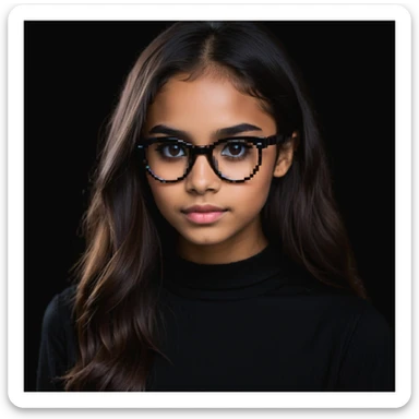young brown girl with long dark brown hair, dark brown eyes, wearing black squared cat eye glasses sticker