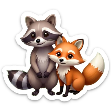 raccoon and a fox among a colorful forest with vibrant green trees, bushes and flowers. The animals are in the foreground, surrounded by a lush, bright forest, with soft sunlight filtering through the leaves. A playful and wild scene with a transparent background. sticker