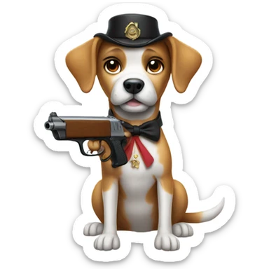 Dog with a gun and a bow  sticker