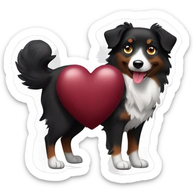 Small black australian shepherd dog with huge maroon heart sticker