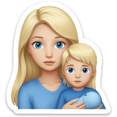 blonde girl with blue eyes, lashes, long hair Holding her little Boy  sticker