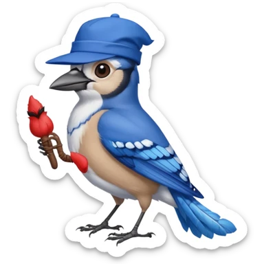 a blue jay wearing a hat, holding a worm sticker