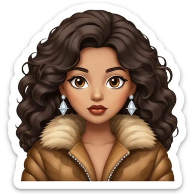 light brown skin tone, very beautiful woman, with big plump lips, long long lashes, black wavy long hair, brown eyes, fur jacket, diamond earrings sticker