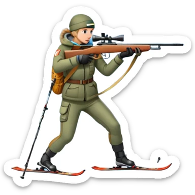 An icon showing a snowy landscape with pine trees, mountains, and a clear sky with a biathlete aiming a rifle in the foreground, wearing winter gear and skis. Transparent background emphasizes the precision, endurance, and beauty of this winter sport. sticker