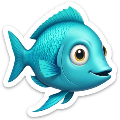bright turquoise fish in perfect flat side profile, exactly facing right, single eye visible, completely 2D side view only, derpy stupid expression, no perspective at all sticker