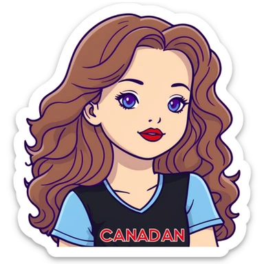 Pale skin wavy long brown hair with light brown highlights very light blue eyes red lipstick female wearing a black top with the phrase canadian chick's in red and purple font sticker