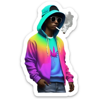 Hemp leaves Multicoloured neon person smoking wearing hoodie dancing hip hop bucket hat tropical Skater fashion aesthetic baggy clothes graphic t shirt 420 sticker