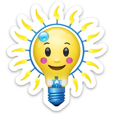 bright yellow lightbulb emoji with smiling face, small rotating atom inside, floating chemical bubbles, small electric blue lightning bolt on top, neon yellow #FFD700, electric blue #00BFFF, bright pink #FF69B4, representing creativity, science, and youthful innovation sticker