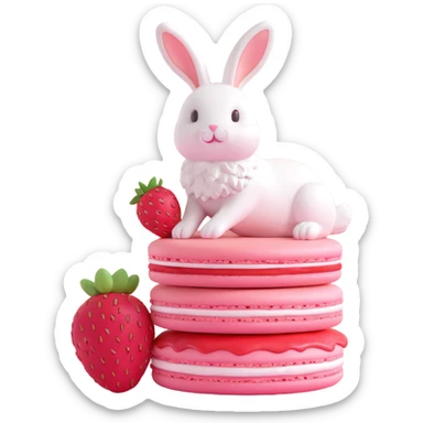 A cute bunny rabbit sitting on top of a pink macaron dessert with strawberry filling and a strawberry slice on top. sticker