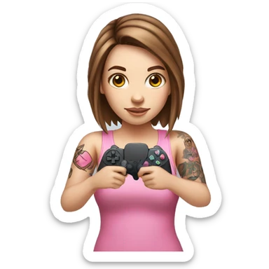 White girl with arm tattoo and brown hair holding a pink game controller sticker