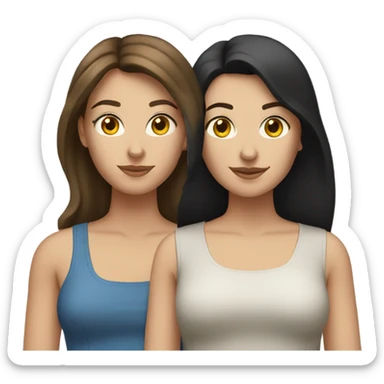 two caucassian woman with brown hair standing next to each other. One has black hair the other one has brown hair and is slightly shorter then the woman with black hair sticker