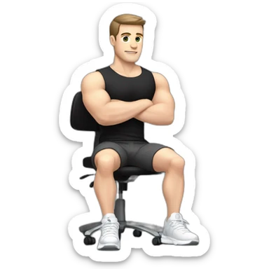 Pale skinned Fit Man With the biceps and dark brown hair in black shirt, gray sports shorts and white Sneakers Sitting on a chair sticker