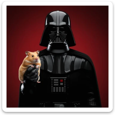 Closeup Photo of a darth vader holding big hamster, low key light, red solid background with leading lines, back light, spot light sticker
