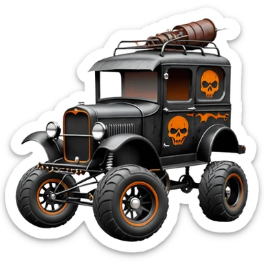 1:10 off-road pot-smoking rusting Basher style 1927 blackened tarnished hotrod rat rod streamlined anime vampire ghostly-glowing Dodge zombie infected extended-cab rc bulging monster pickup (extra wide low-profile pin tires chrome wheels with fenders) sticker