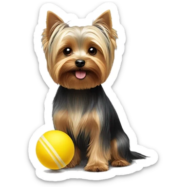 a Yorkshire terrier playing with a little yellow ball sticker