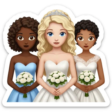 4 femmes en robe de mariée, une blonde avec les yeux bleu, une avec la peau très foncé les yeux et les cheveux marron foncé, une brune avec les yeux marrons et la peau blanche, et une métisse avec les cheveux bouclés et les yeux noirs  sticker