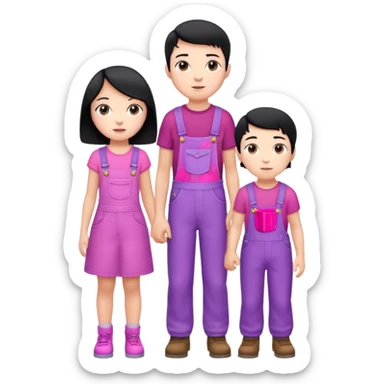 A short boy with black hair in pink overalls standing next to a really tall girl in a purple dress sticker