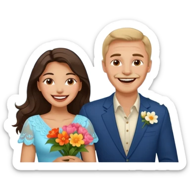 Couple  laughing traveling russian man and elegant  Latina girl delicate flowers and mountains in the background  sticker