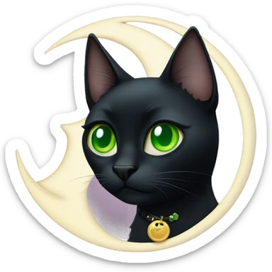Black cat with green eyes wearing a moon charm on his collar sticker