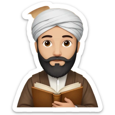İbni Rüşd inside a circle, as a classic Islamic philosopher, bearded, turban on head, holding a book, simple and clear emoji sticker