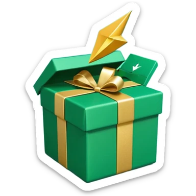 3D minimal open gift box with small floating icons coming out (envelope, lightning bolt, sparkle), matte finish, deep green (#0B3D2C) box, gold (#C9B037) icons, Apple style, ultra minimal, soft shadow, transparent background sticker