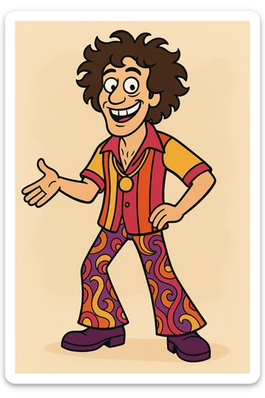 Shimmy Jimmy character, movie Blended, big smile, wild curly hair, vibrant outfit, cartoon style sticker