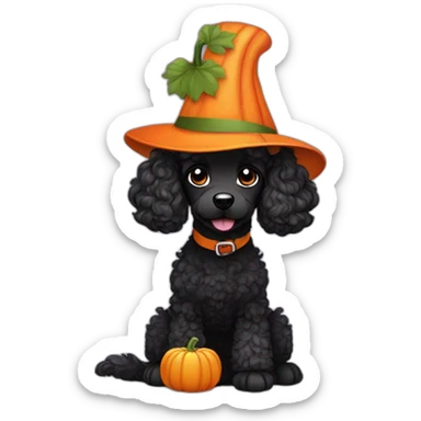 Short haired wavy black poodle weating a pumpkin hat sticker