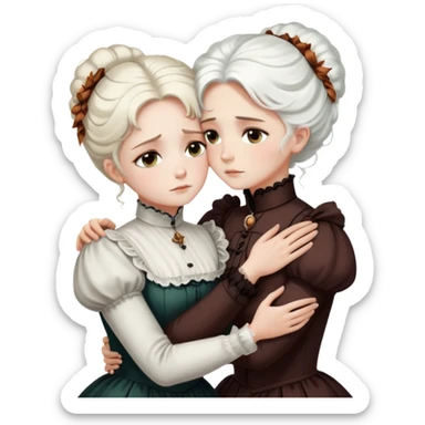 Two Victorian women with light eyes embracing in a sad, intimate hug. One woman has bright white coiffed hair and the other has dark copper coiffed hair. Both wearing Victorian high-neck dresses with their arms wrapped tightly around each other sticker