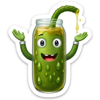 a cartoon pickle with juice squirting from the top of it, being squeezed by a hand sticker