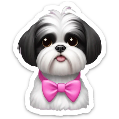 Black and white shih tzu with pink bow and collar that says “Zoe” sticker