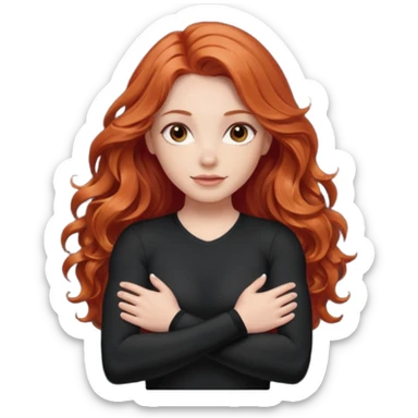 Athletic girl with long light red wavy hair and smaller boobs bigger arms not too big. middle part and black shirt sticker