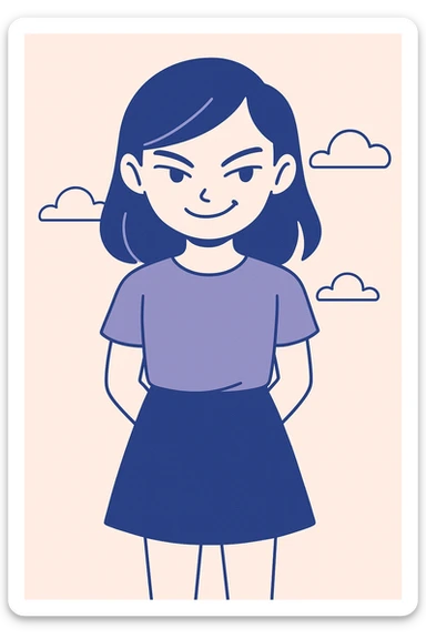 mischievous girl, sly smile, hands behind back, modern illustration, bold lines sticker