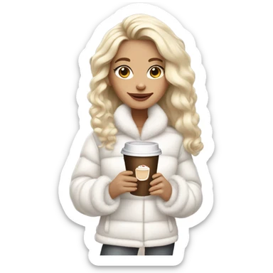 blonde girl wearing white fluffy jacket and a coffee to go in hand all dress white and a white bow on hair sticker