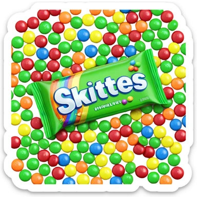 A multi-colored rainbow Skittles package next to a pile of exclusively green Skittles candies. The package shows all rainbow colors while the candies are only green. sticker