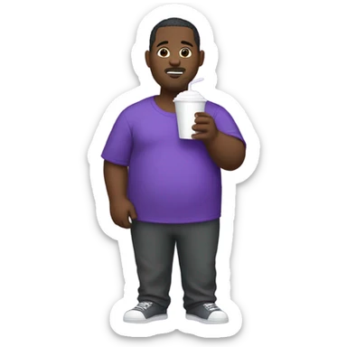 Obese black man wearing a purple jumpsuit suit while holding a white styrofoam cup with grape soda sticker