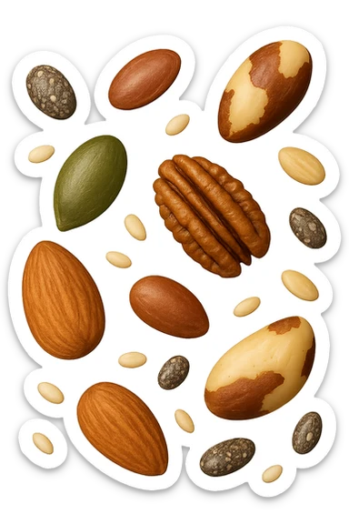 emoji stile iphone 3d di questi elementi che fluttuano in aria:

Semi di chia, lino, zucca, sesamo
Mandorle, noci pecan, noci brasiliane (porzioni limitate)

 che fluttuano sparse casualmente in aria, iperealistico 4k sticker