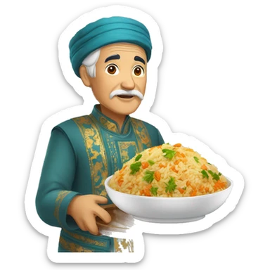 uzbek old man with national outfit chapon serving pilaf sticker