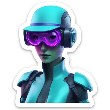 Secret humanoid agent in a futuristic hat with in Apple VR goggles headset code display on the goggles , cyberpunk, cyan and purple colors, only upper body portrait, front facing the camera  sticker