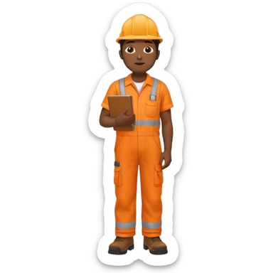 Indian male railway engineer orange overalls, boots holding a clipboard facing away sticker