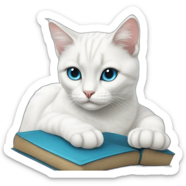 white cat with black markings and blue eyes  chilling woth a book sticker
