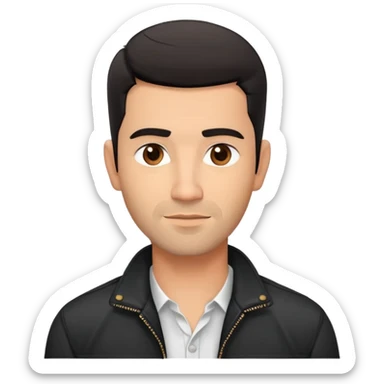 Slightly older attractive broad-shouldered Hispanic TV presenter, light brown complexion, square face with defined jawline, short black hair with clear fade haircut, light scruff facial hair, friendly expression, unbuttoned black jacket with white shirt sticker