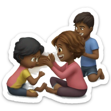 3 kids and a baby playing in front of a television sticker