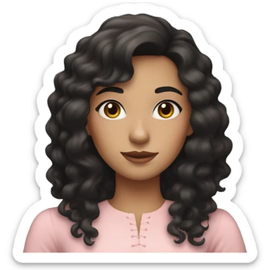 White woman with long black curly hair and bangs and dark brown eyes, wearing a pastel pink dress sticker
