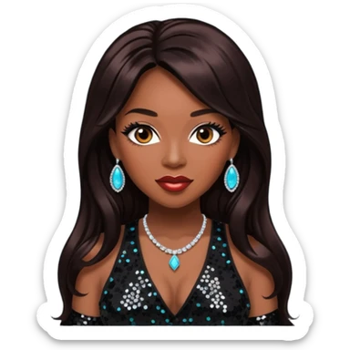 Tiffany "New York" Pollard with long dark brown hair, black sequin outfit sticker